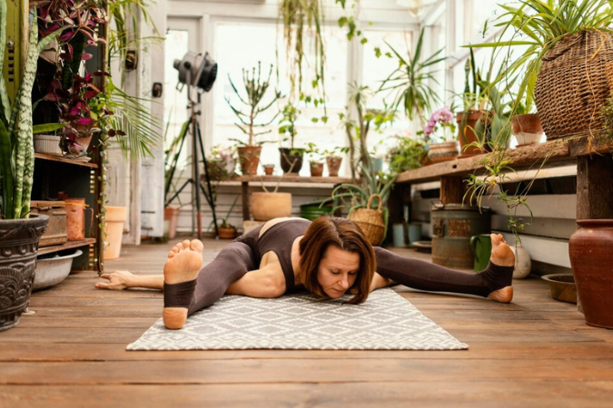 A full-length photo of a woman stretching on a yoga mat, likely in a home or studio setting. She is focused on her pose, showcasing flexibility and mindfulness. The background is simple, emphasizing the yoga practice and the calm, meditative atmosphere.