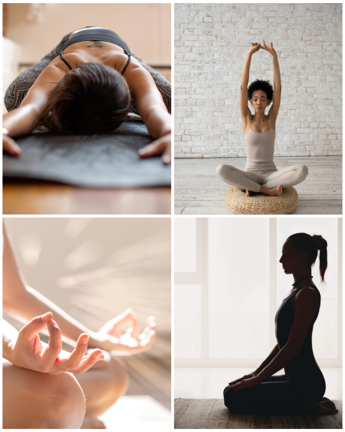 A series of yoga practitioners in different poses, highlighting the comfort and flexibility of activewear leggings during meditation and yoga sessions.