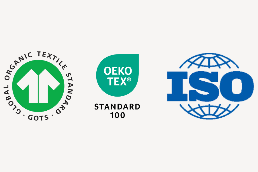 Logos of GOTS, OEKO-TEX, and ISO certifications, highlighting the sustainability and eco-friendly standards in the manufacturing of yoga apparel