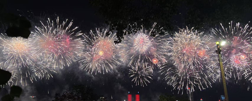 The image shows a large crowd of people watching a fireworks display at night. The fireworks are bursting in the sky, creating bright and colorful patterns. In the background, there are tall buildings, two of which are illuminated in red. The scene is framed by trees and a streetlight on the right side. Many people in the crowd are holding up their phones to capture the event. This image captures the excitement and spectacle of a public fireworks display, highlighting the vibrant colors and the communal experience of the audience.