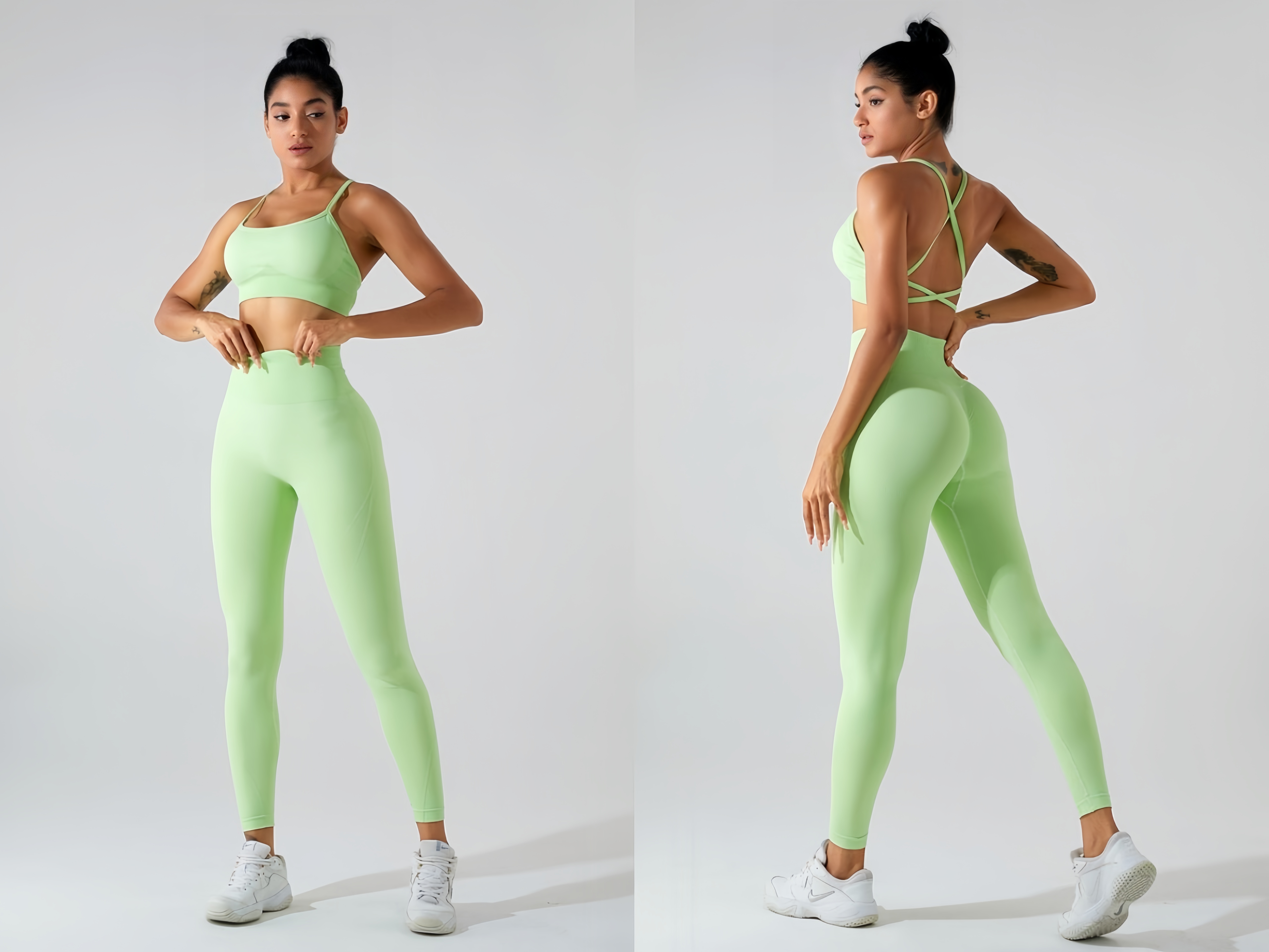A model wearing a light green athletic set is shown from both the front and back. The set includes a sports bra and high-waisted leggings, paired with white sneakers. The model's hair is styled in a high bun, and the background is a simple gray.