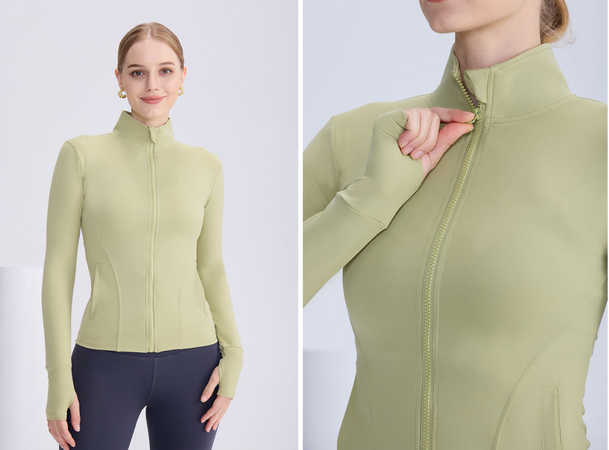 Model wearing a light green zip-up yoga jacket with thumb holes, showcasing a close-up of the jacket's design and zipper details.