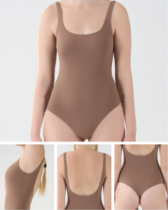 Minimalist brown one-piece bodysuit with various angles showcasing its simple, elegant design.