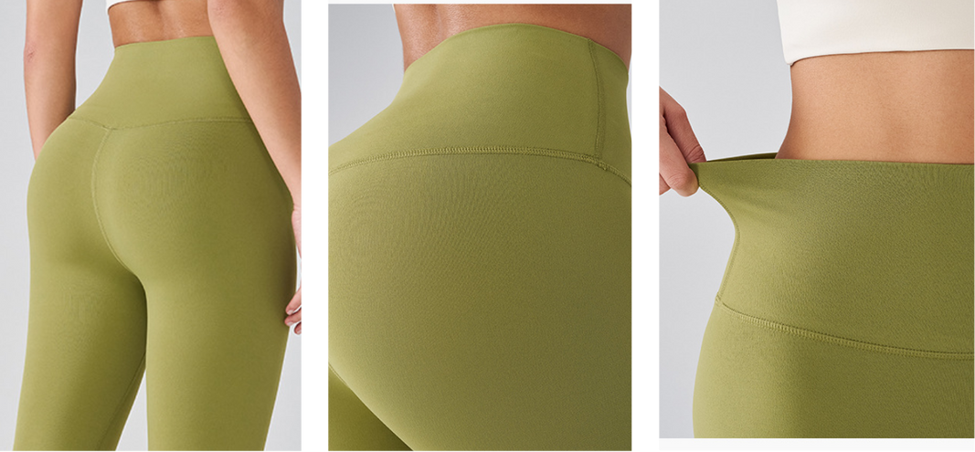 Close-up shots of olive green high-waisted leggings, showing the back, waistband, and side view.
