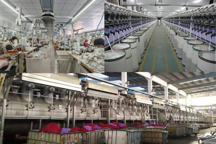 Manufacturing facility with machines and workers, emphasizing the sustainable production process for eco-friendly yoga apparel