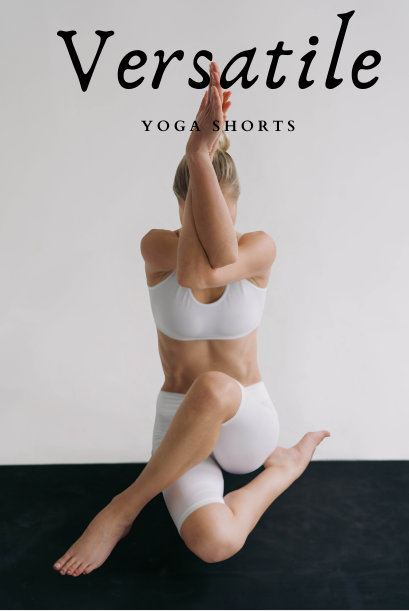 A woman demonstrating a yoga pose while wearing versatile white yoga shorts and a sports bra, perfect for yoga practice.