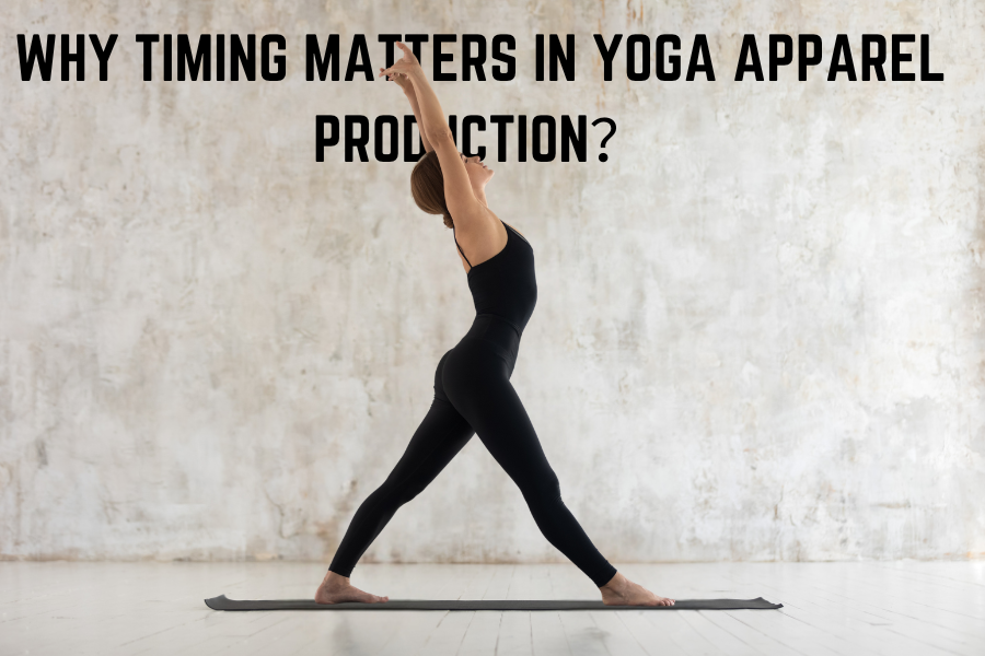 A woman practicing yoga in a black yoga outfit, highlighting the importance of timing in yoga appareA woman practicing yoga in a black yoga outfit, highlighting the importance of timing in yoga apparel production.l production.