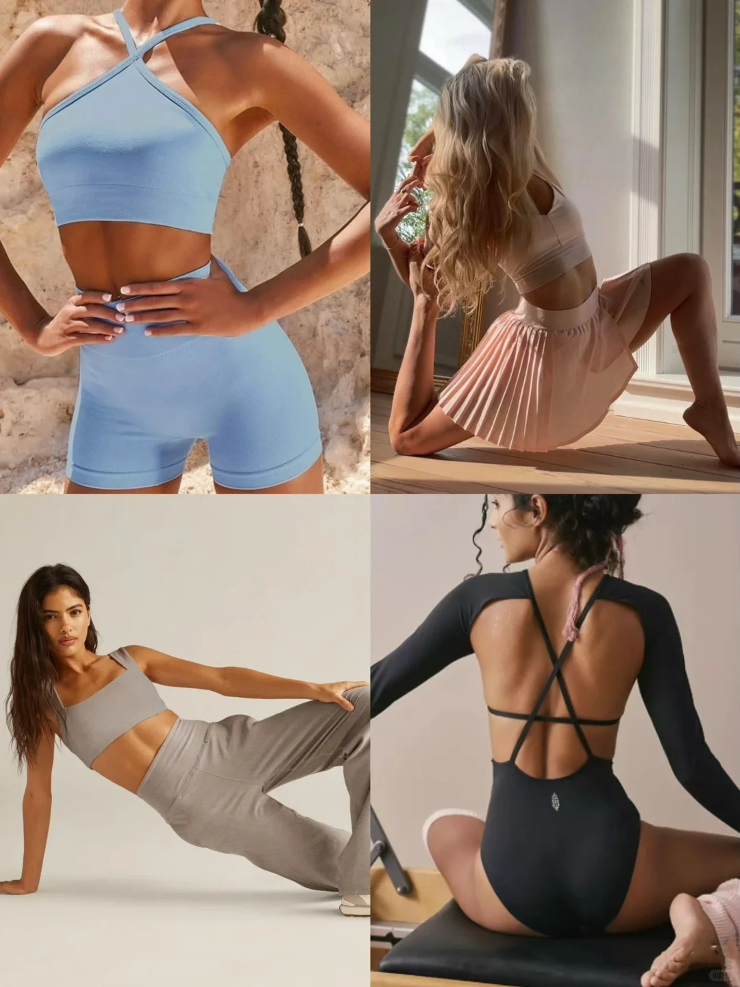 four womans in light-colored athletic wear is practicing yoga in a bright room, showcasing her flexibility and strength.