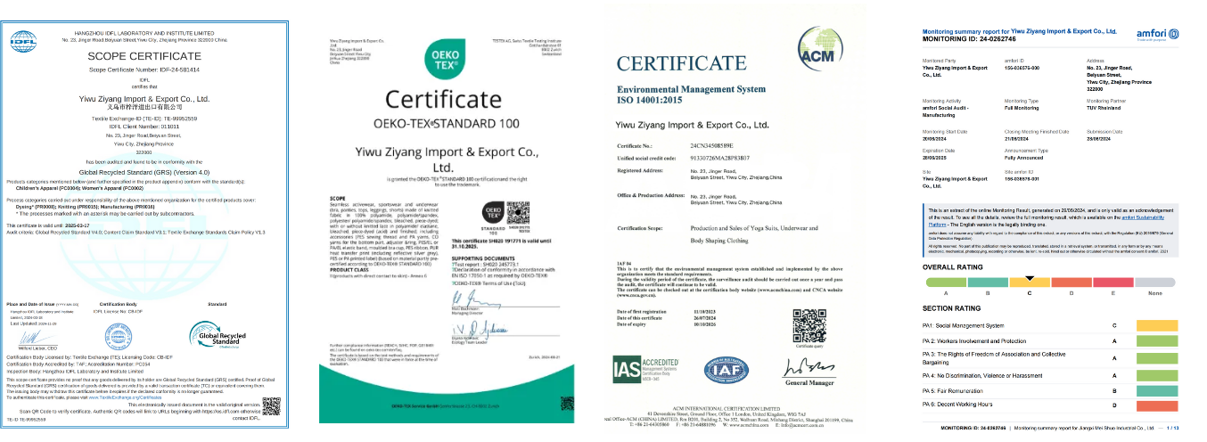 A set of four certification documents for Yiwu Ziyang Import & Export Co., Ltd., including Oeko-Tex Standard 100, Global Recycled Standard, ISO 14001:2015, and a monitoring report from amfori, showcasing the company's commitment to quality, environmental management, and ethical practices.